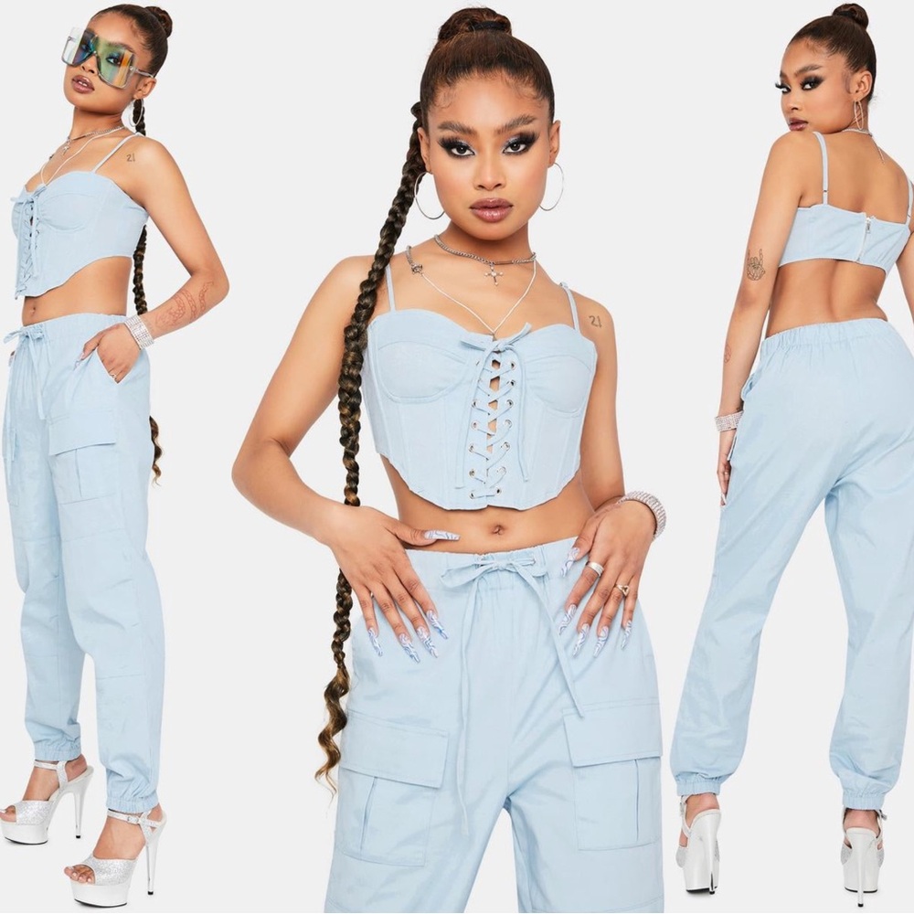 ✨NEW Fashion Nova | Light Blue Lace Up Corset Joggers Matching Set